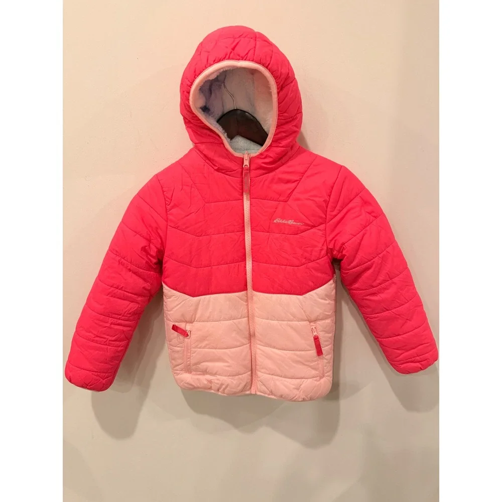 Eddie Bauer Kids Reversible Puffer Jacket Pink Faux Fur Hooded Coat S 7/8 NWOT